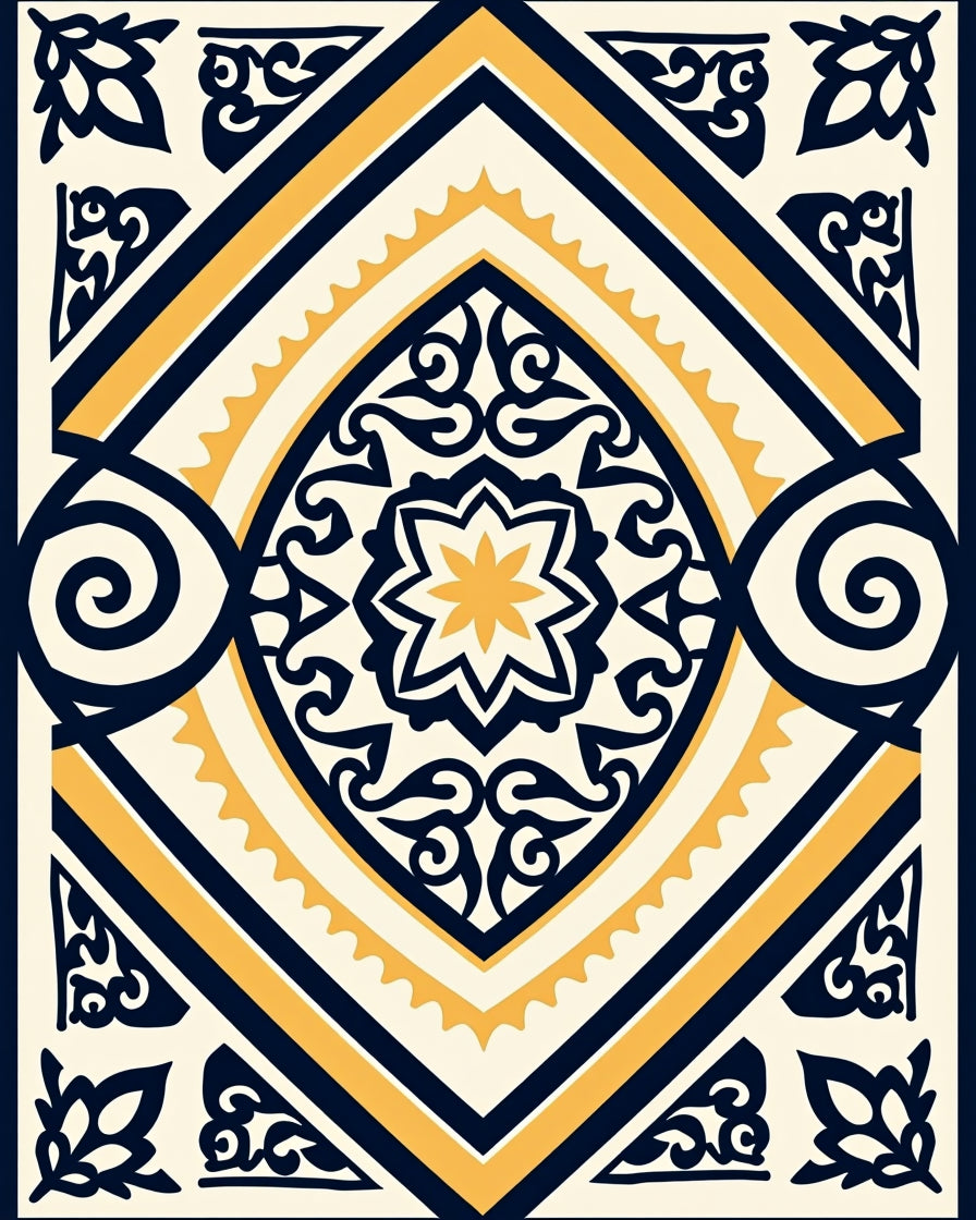 Navy Gold Geometric Floral Medallion Rug