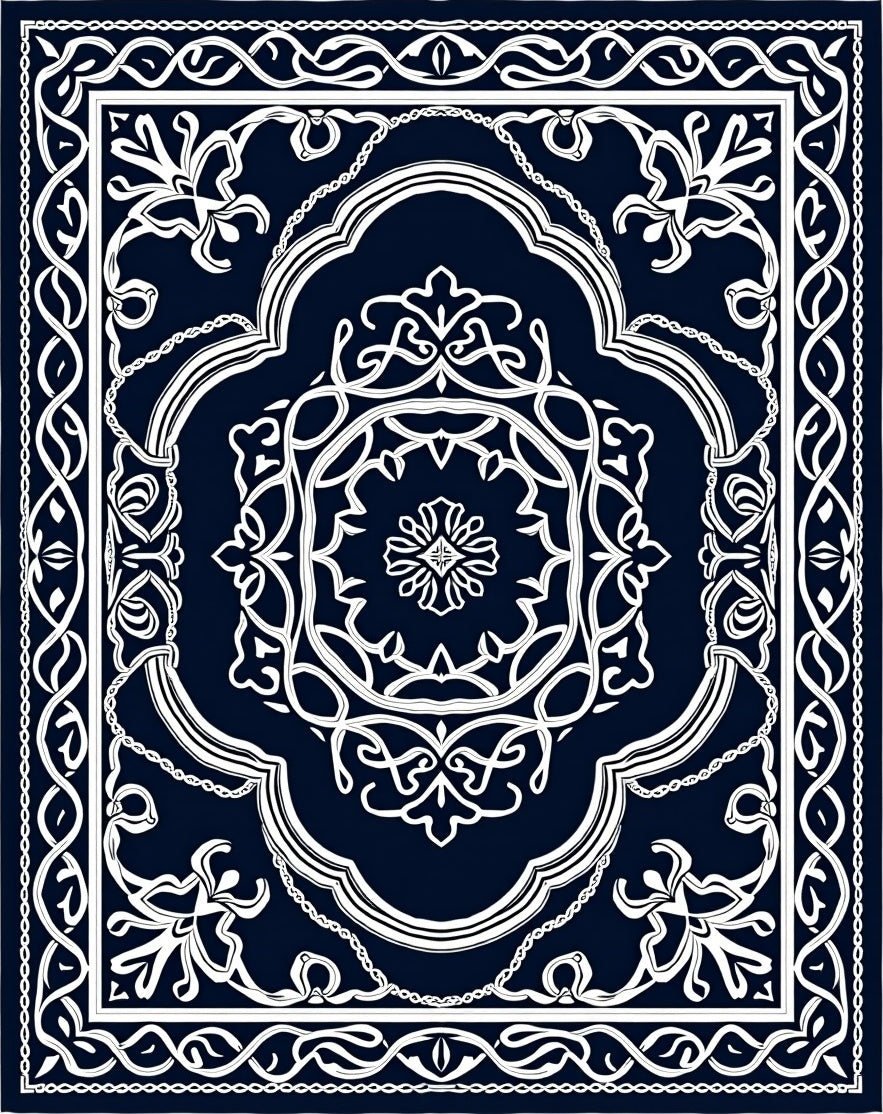 Ornate White Floral Lattice Dark Rug
