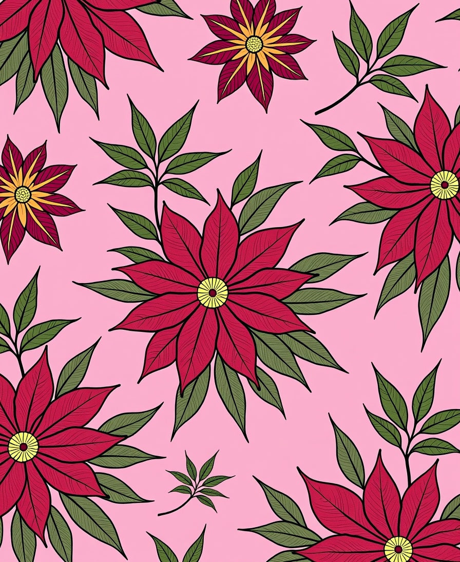 Red Floral Pattern on Pink Background Rug