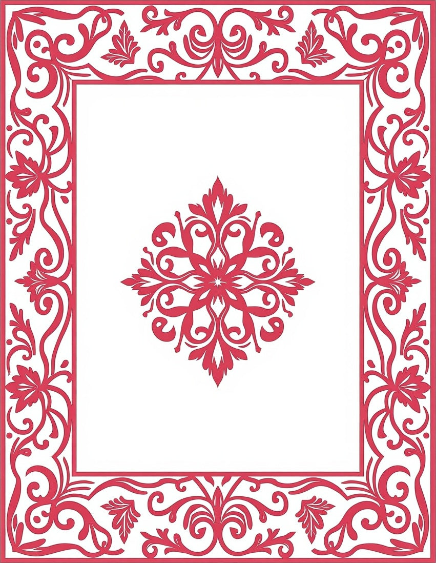 Red Floral Scrollwork Frame Design Rug