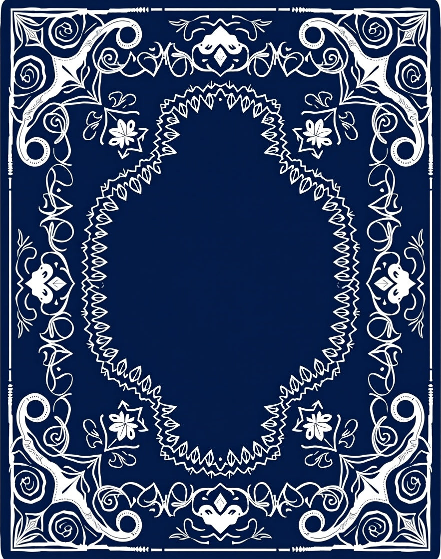 Navy White Ornate Scrollwork Arabesque Rug