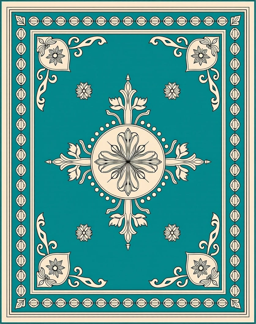Ornate Teal Floral Medallion Rug