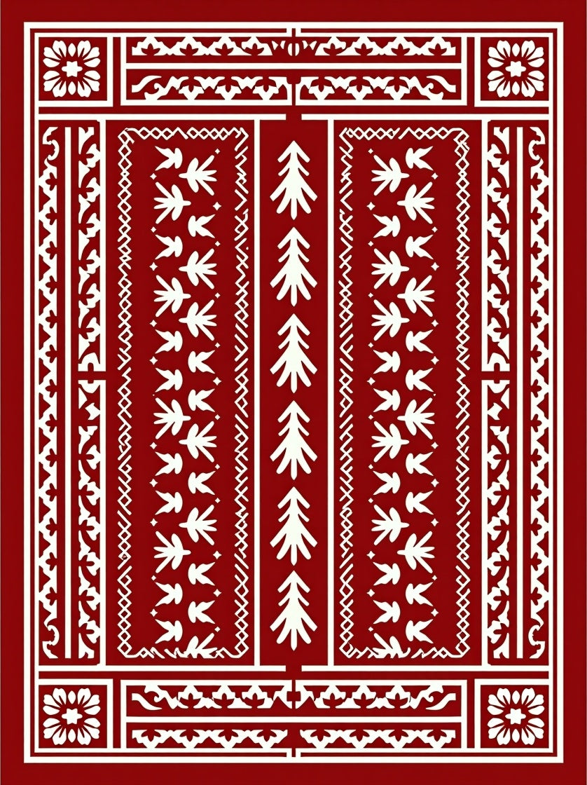 Vertical Symmetry Red White Patterned Rug