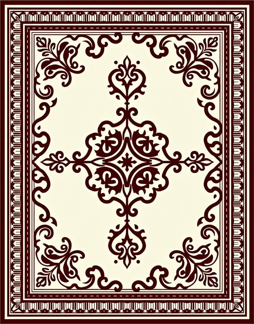 Classic Cream Burgundy Scrollwork Rug