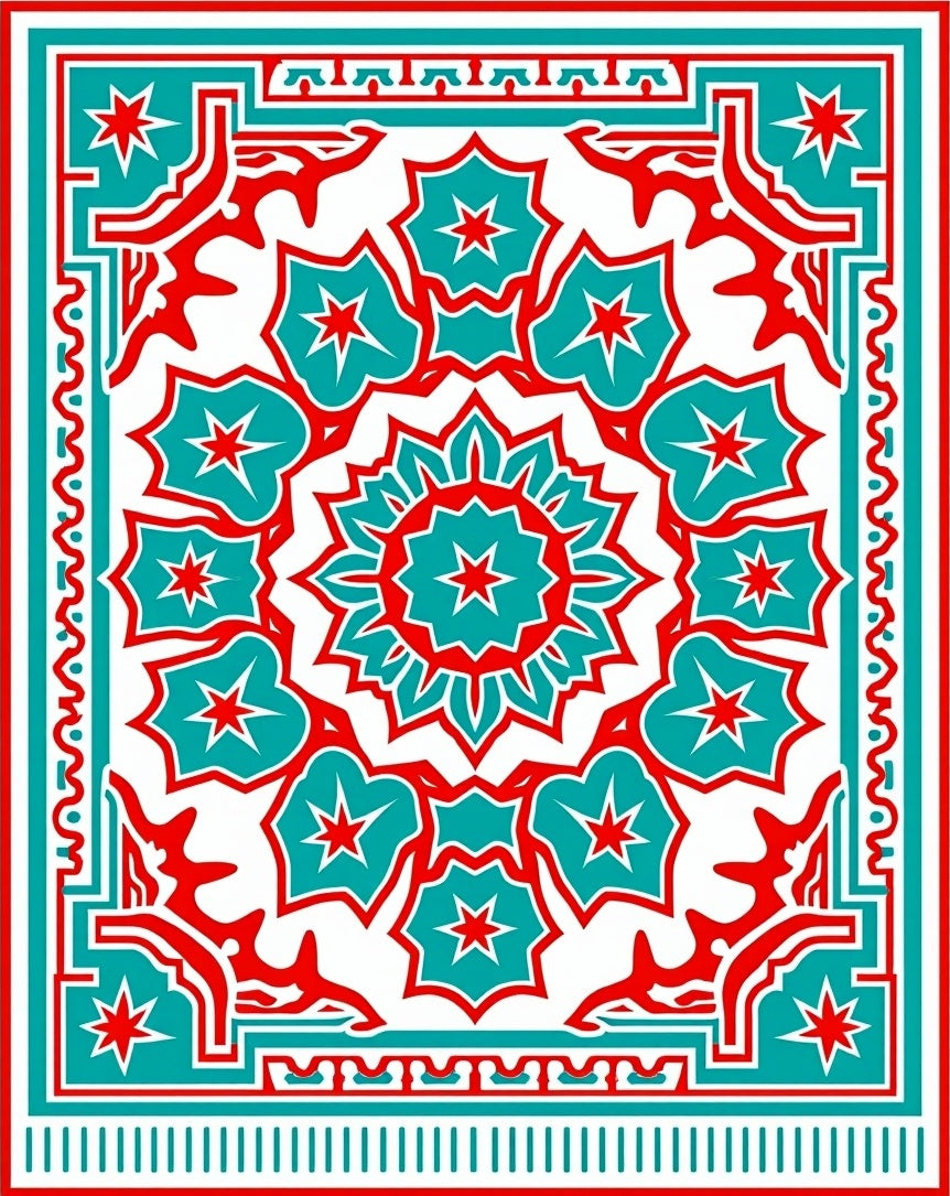 Ornate Teal Red Floral Medallion Rug