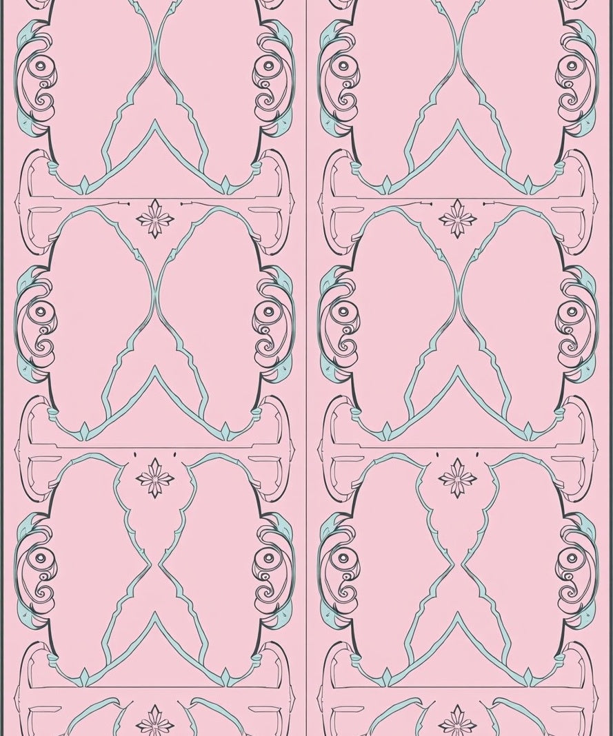 Ornate Pink Blue Pastel Scrollwork Rug