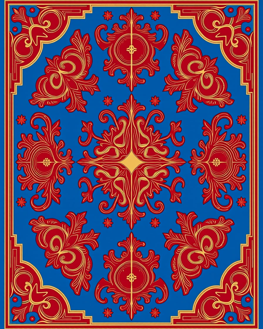 Royal Blue Red Gold Rococo Pattern Rug