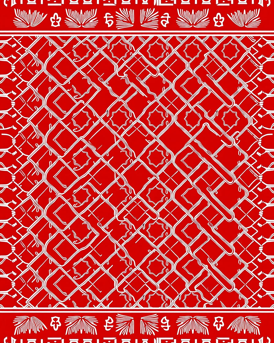 Bold Red White Interlocking Geometric Pattern Rug