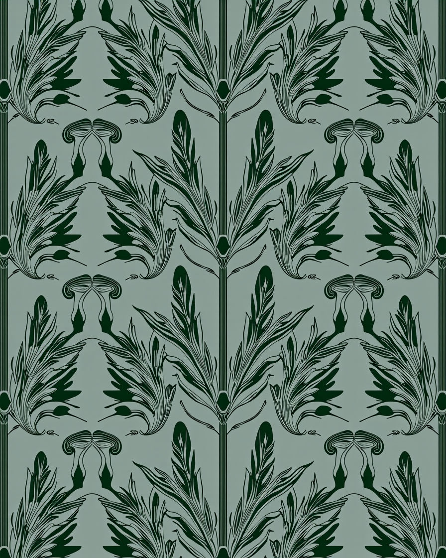 Dark Green Botanical Art Nouveau Pattern Rug
