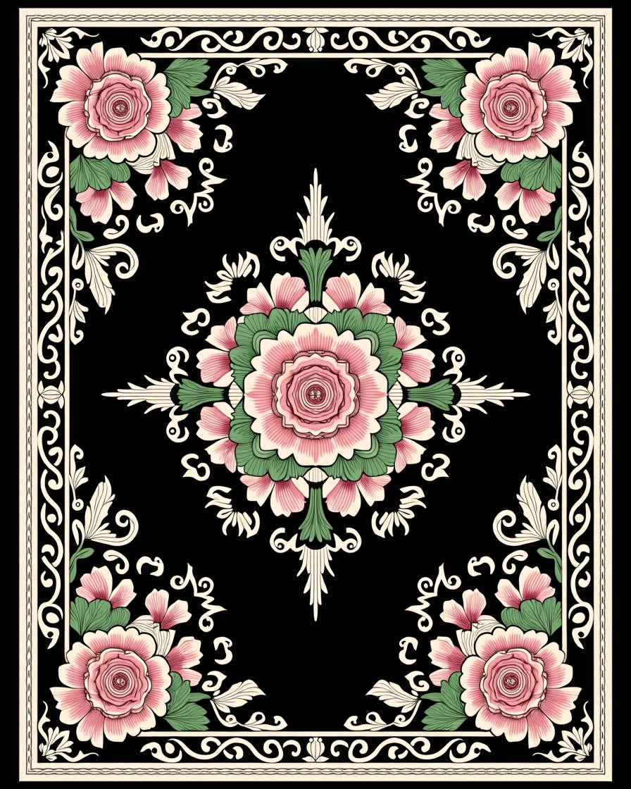 Pink Floral Black Border Art Rug