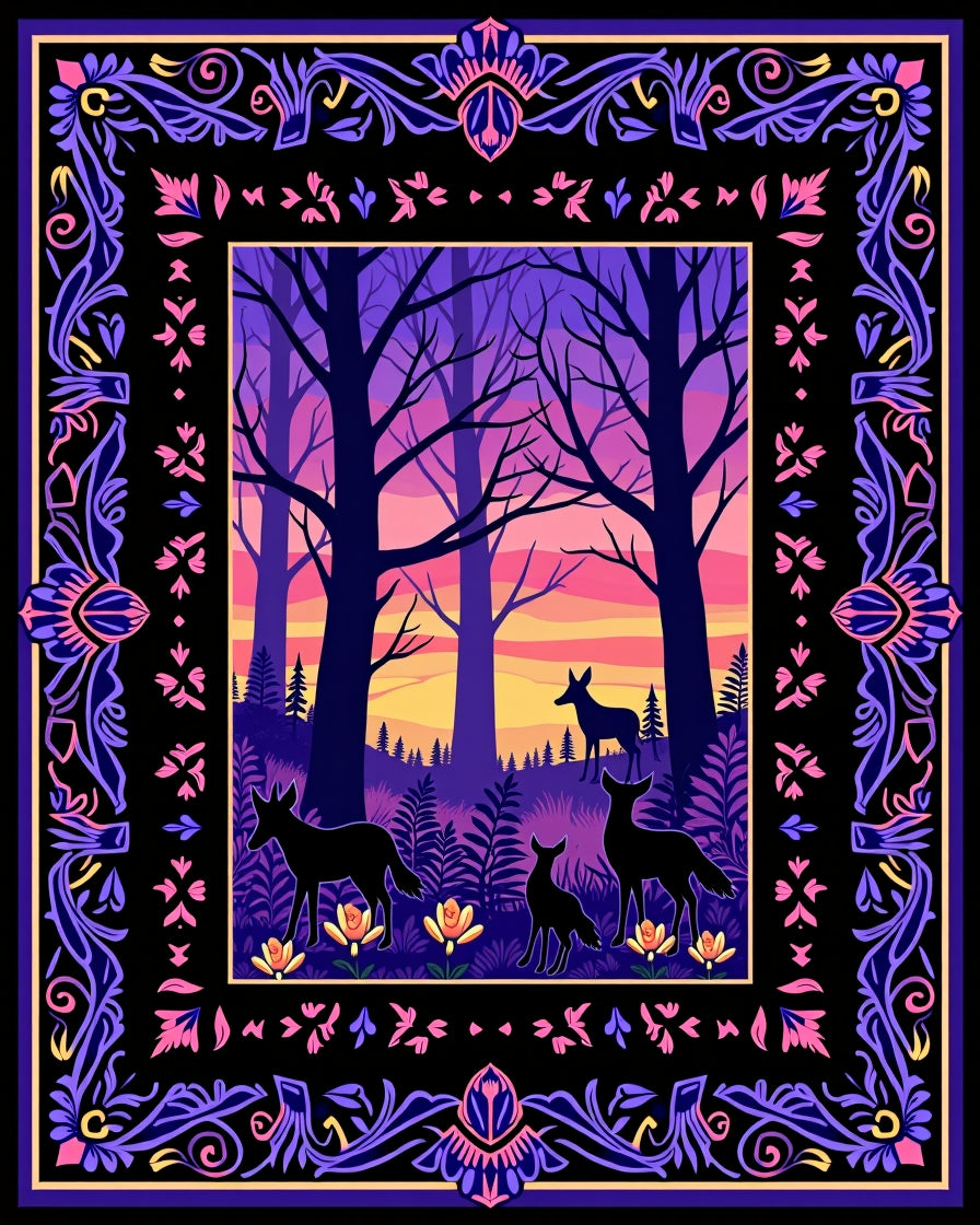 Enchanted Forest animals Bordered Design Rug