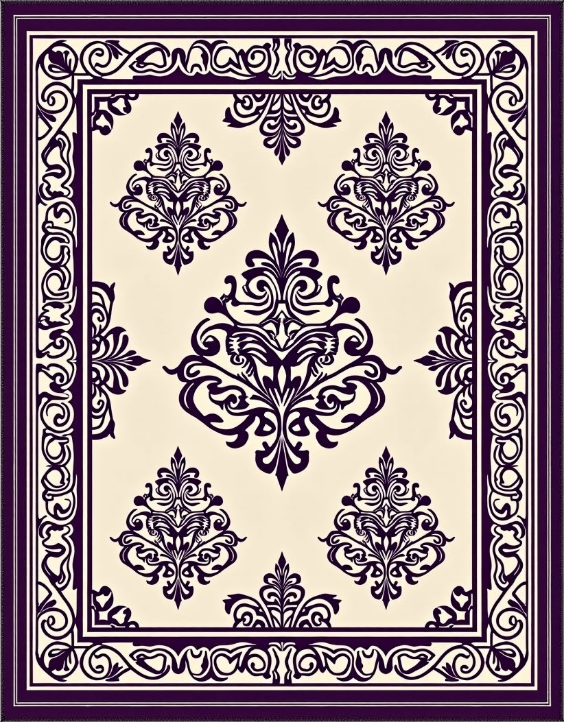 Ornate Damask Scroll Pattern Rug