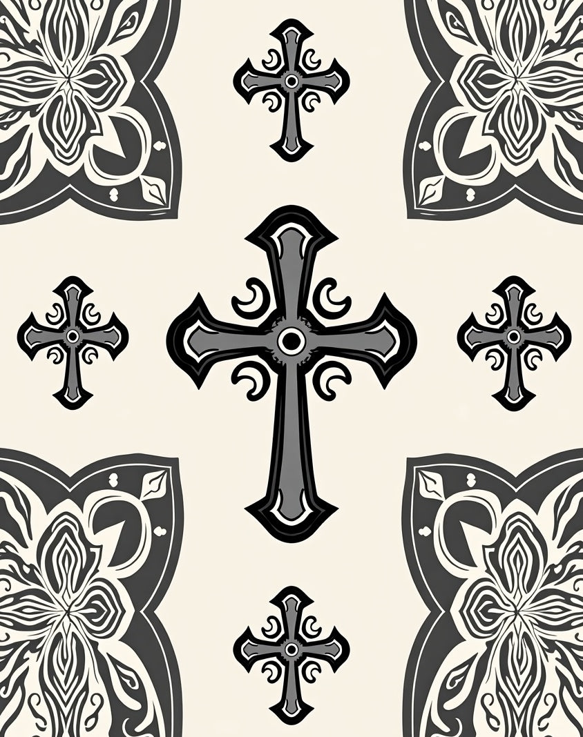Ornate Cross Patterned Dark Grey Rug