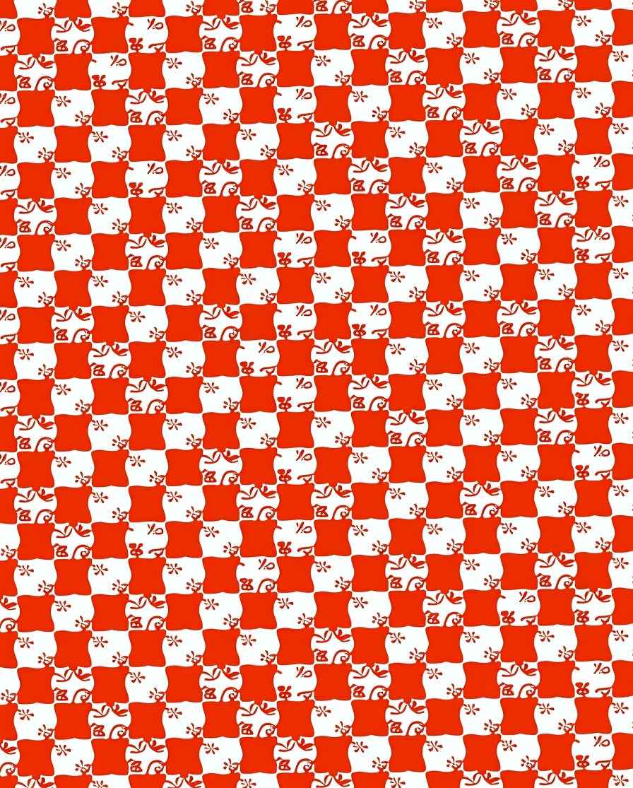 Red White Checkerboard Floral Pattern Rug