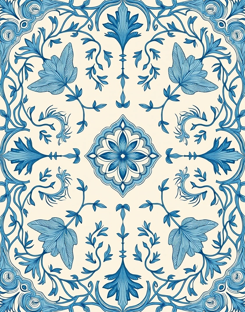 Classic Blue Floral Vine Mandala Rug