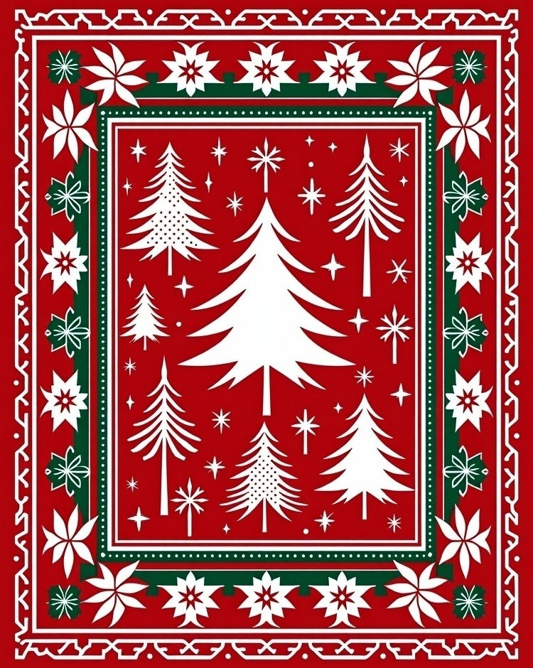 Festive Red Pine Tree Folk Art Rug