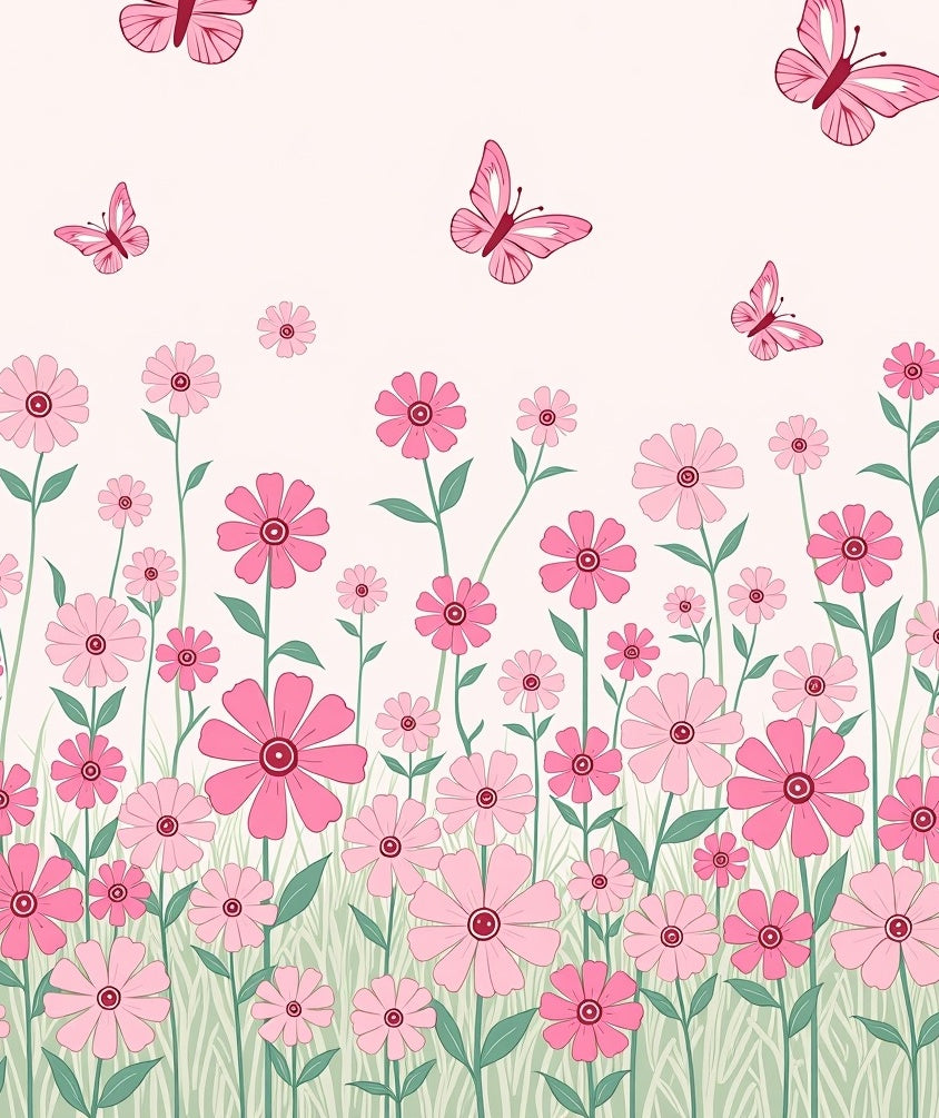 Pink Flower Meadow Butterflies Repeat Pattern Rug