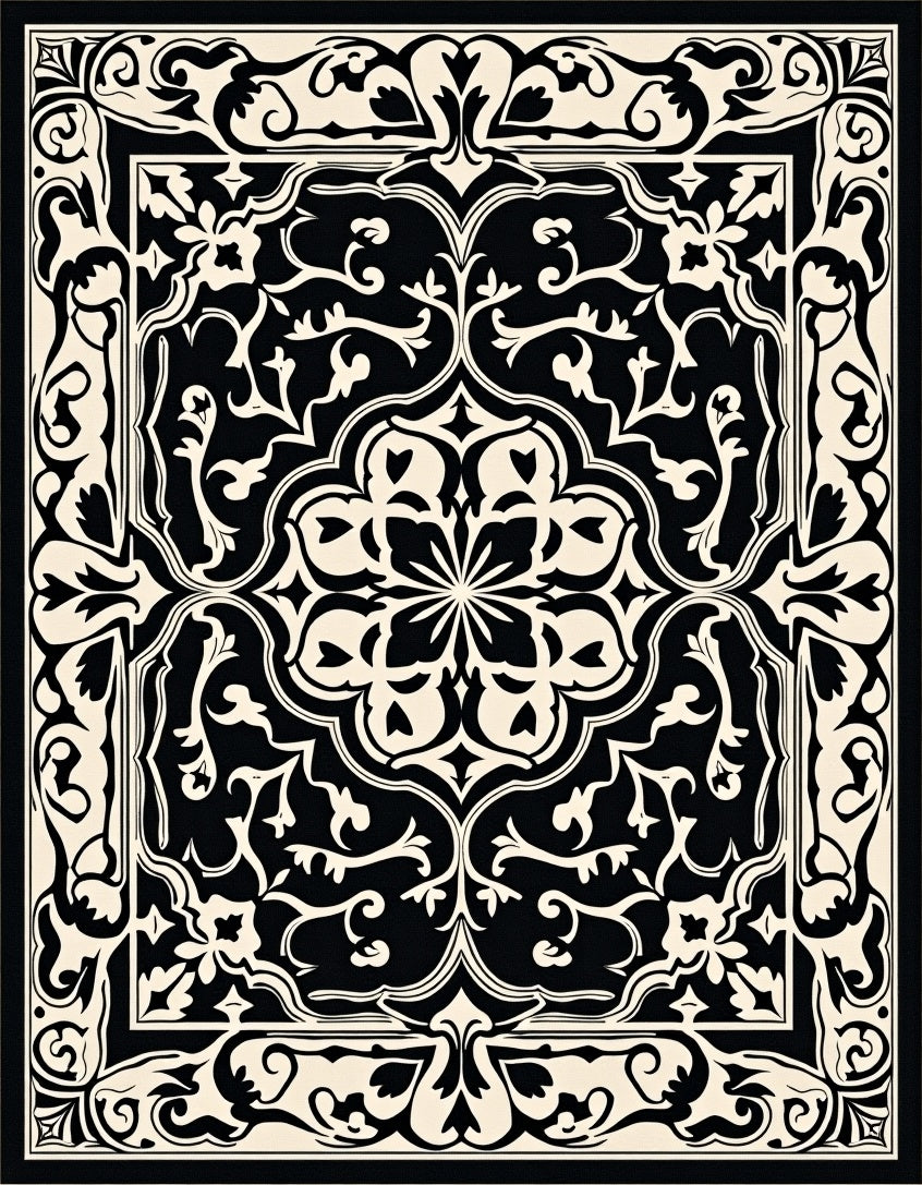 Classic Black White Floral Medallion Design Rug