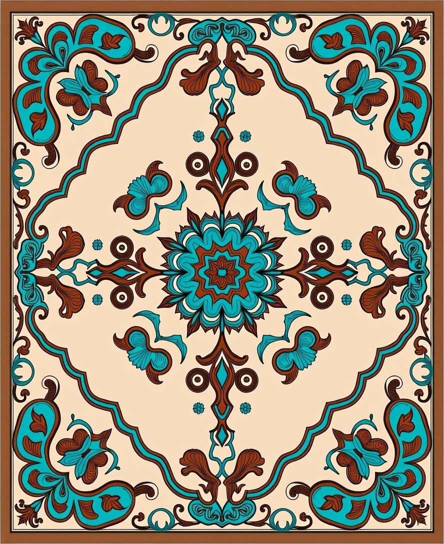 Turquoise Brown Floral Medallion Pattern Rug