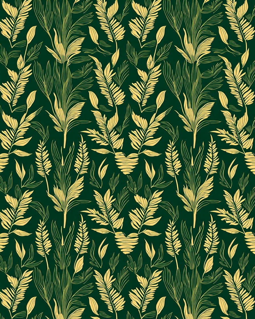 Golden Leaf Patterned Deep Green Rug