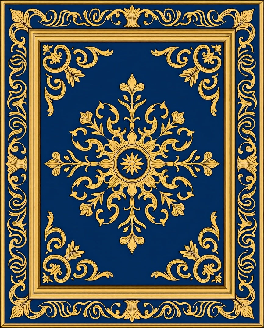Ornate Floral Scrollwork Blue Gold Rug