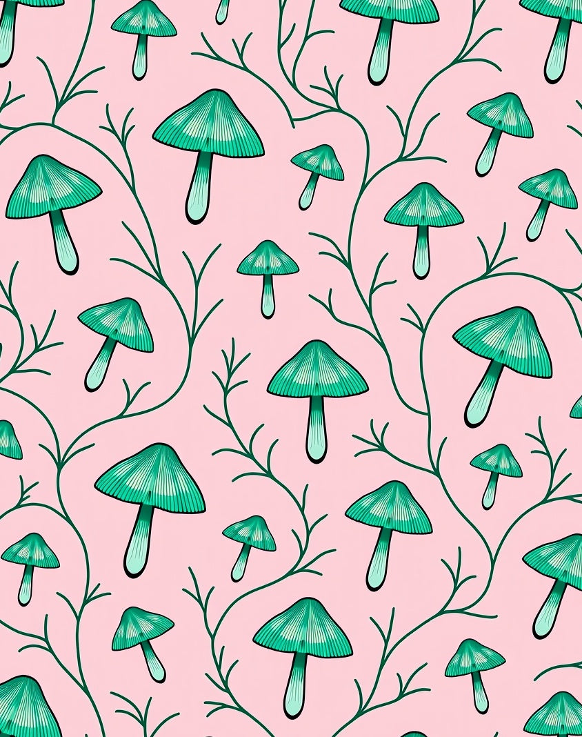 Teal Mushroom Vine Pink Background Rug