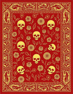 Red Gold Skull Floral Pattern Rug