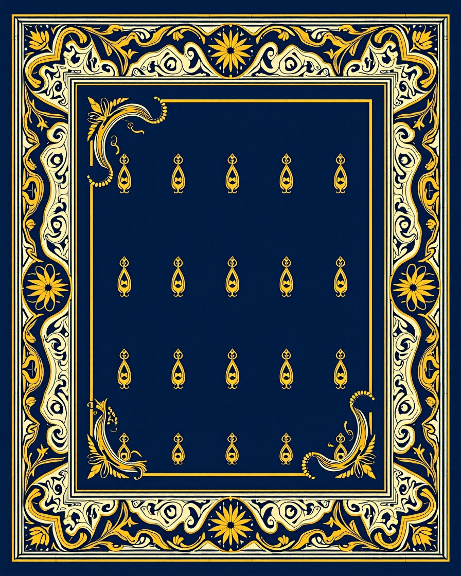 Ornate Gold Navy Floral Scroll Rug