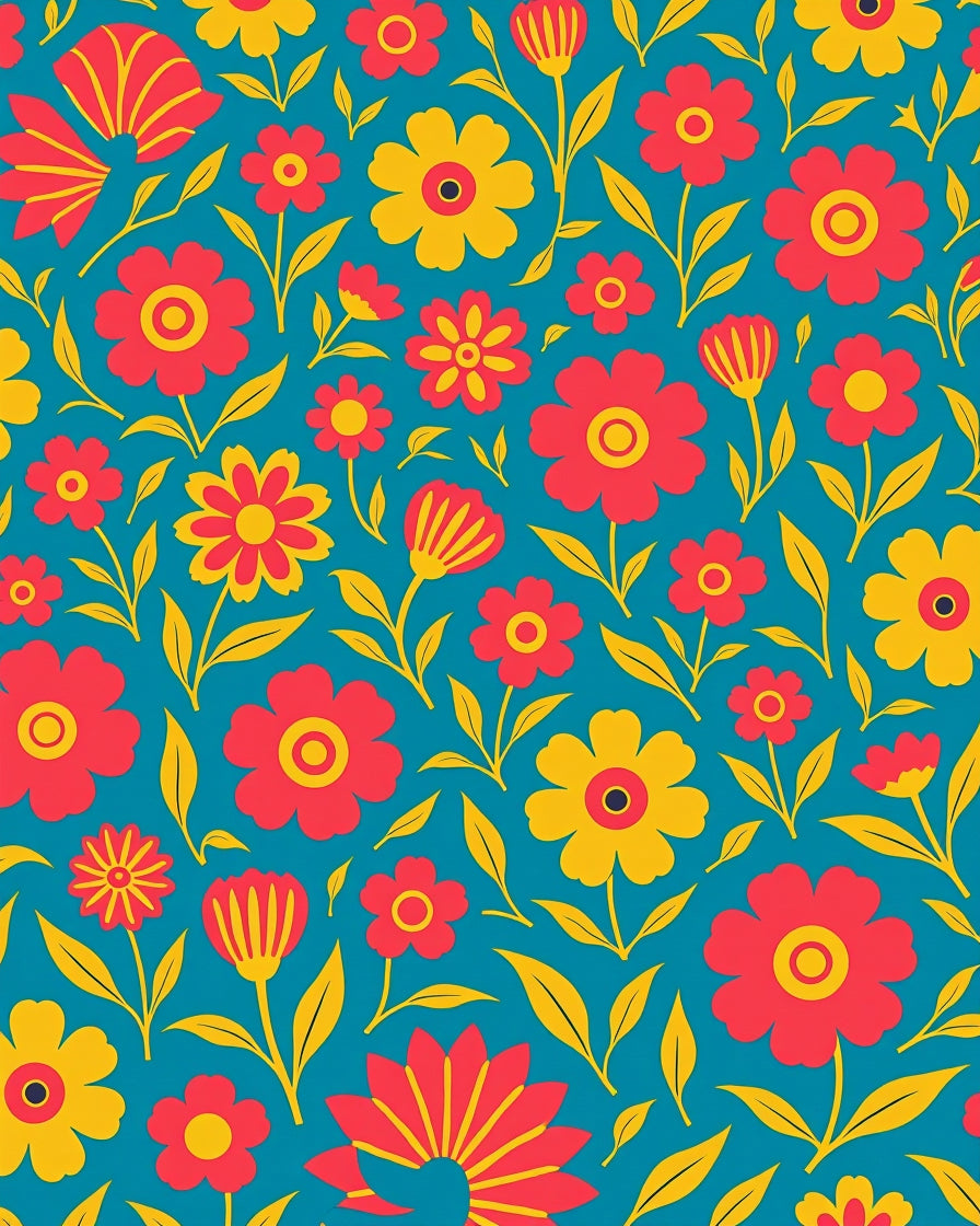Retro Floral Pattern on Teal Background Rug
