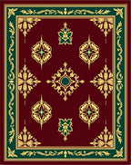 Ornate Burgundy Gold Green Medallion Rug