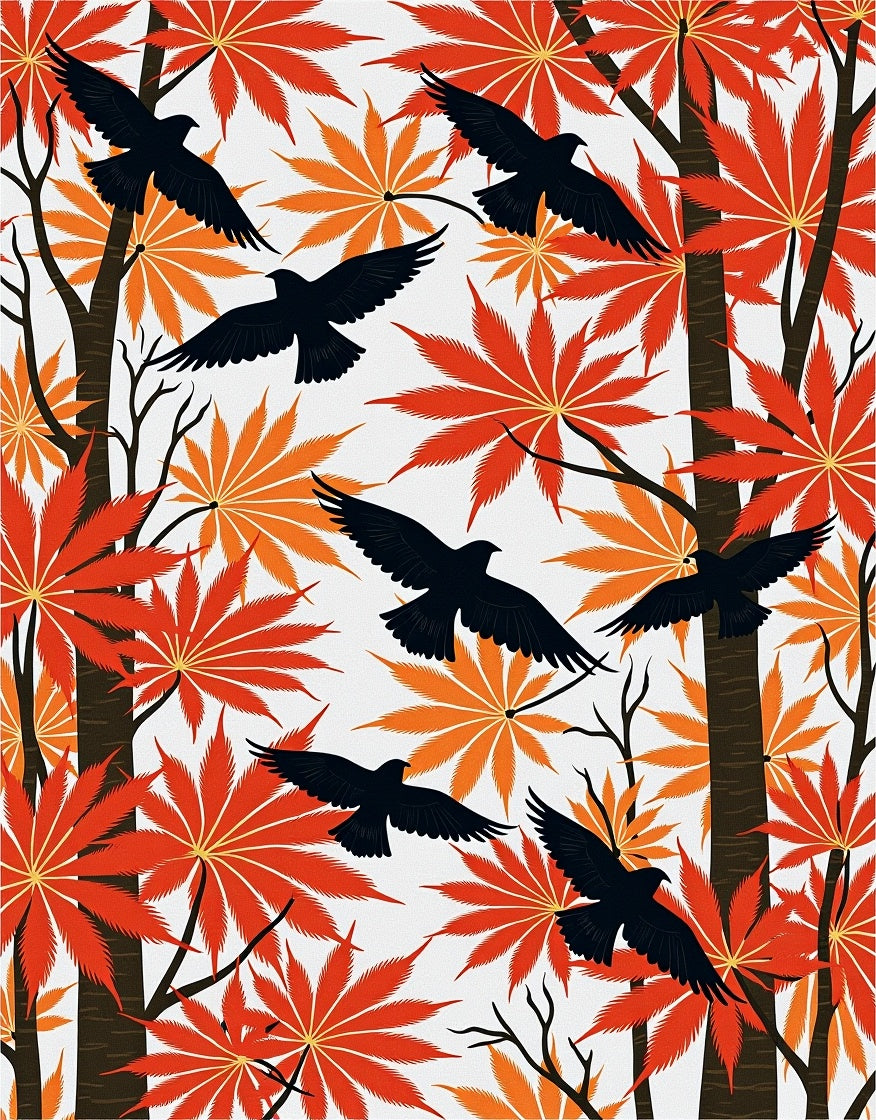 Fall 7 Birds Maple Leaf Pattern Rug