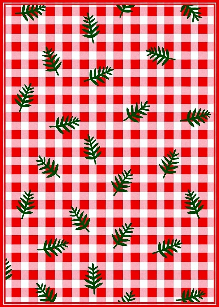 Red White Gingham Leaf Pattern Rug