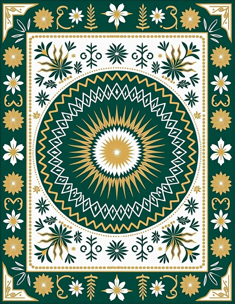 Emerald Geometric Sunburst Folk Art Rug