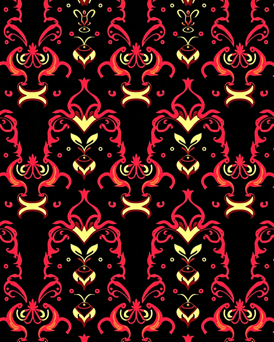 Black Red Ornate Floral Pattern Rug