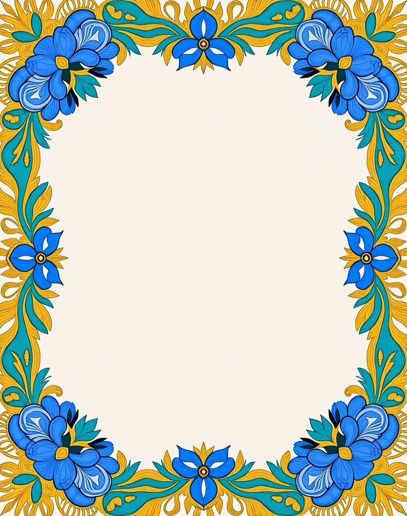 Vibrant Blue Floral Golden Border Rug