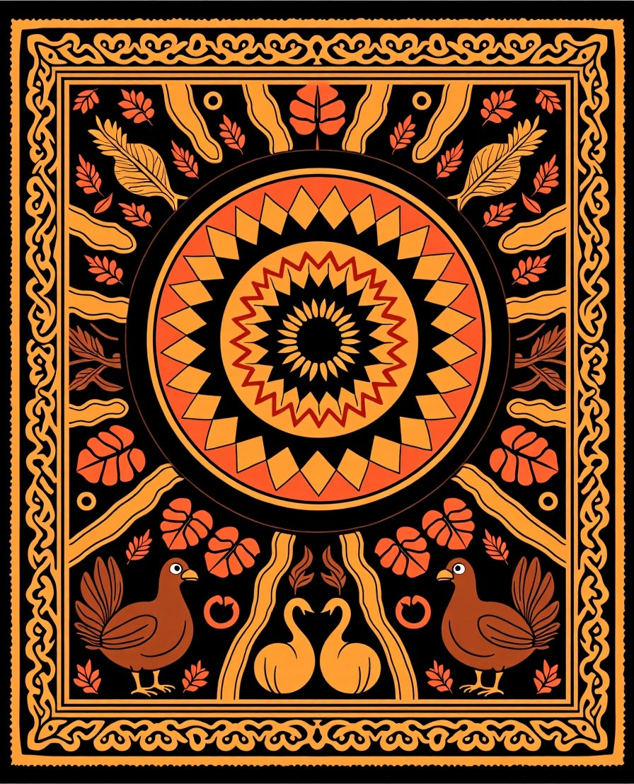 Folklore Animal Sunburst Pattern Rug