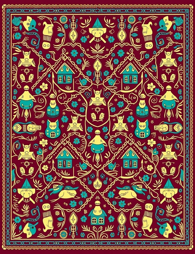 Whimsical Folk Art Village Pattern Rug