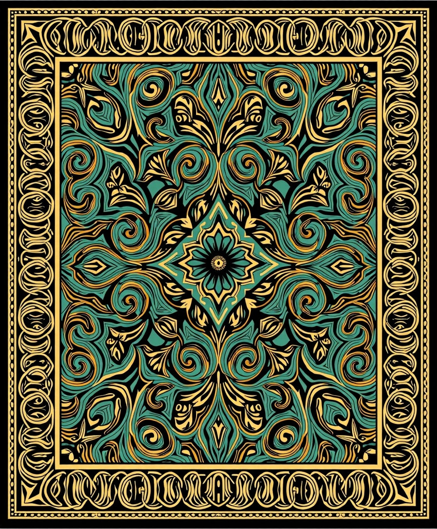 Emerald Gold Intricate Floral Pattern Rug