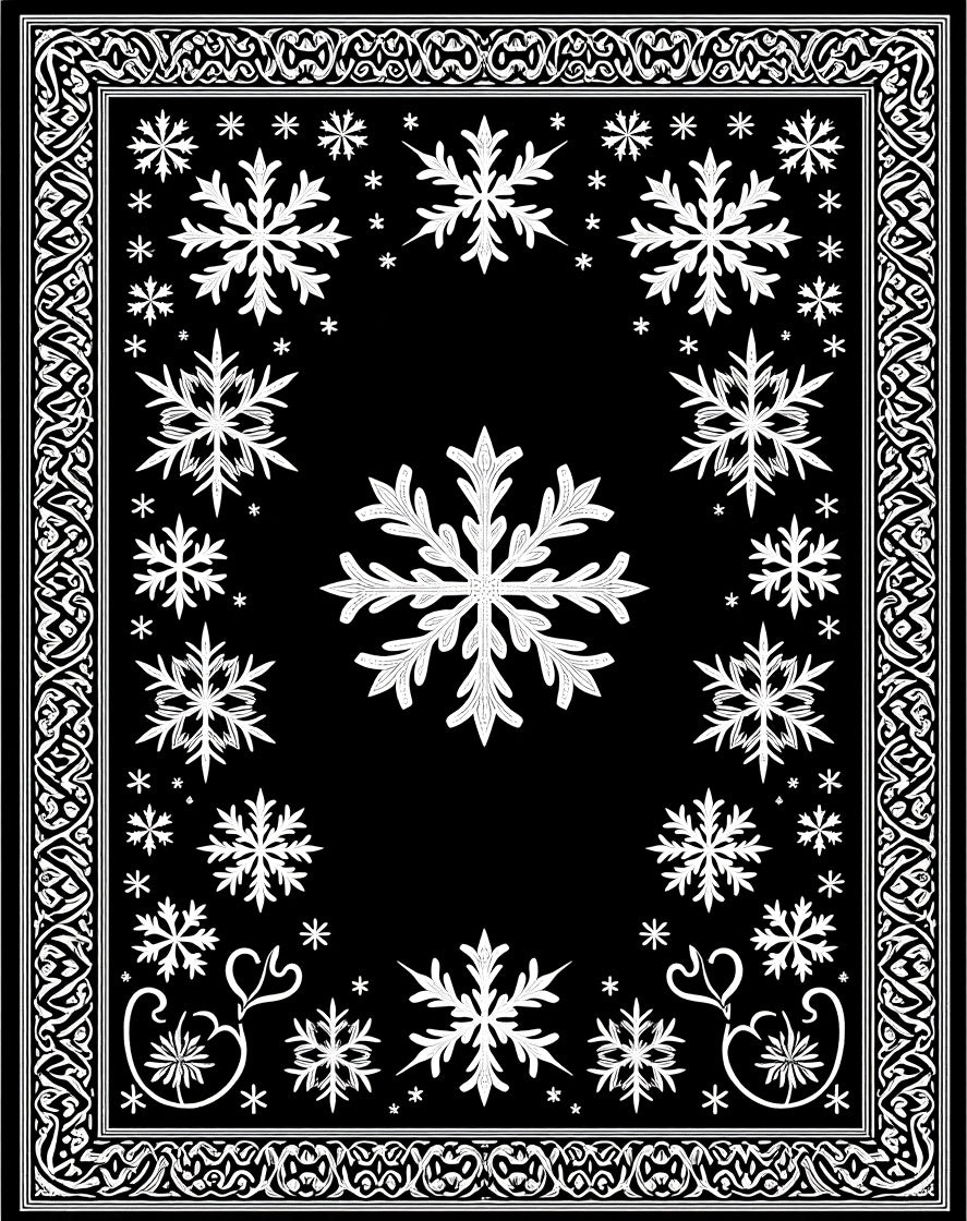 Black White Snowflake Intricate Border Rug