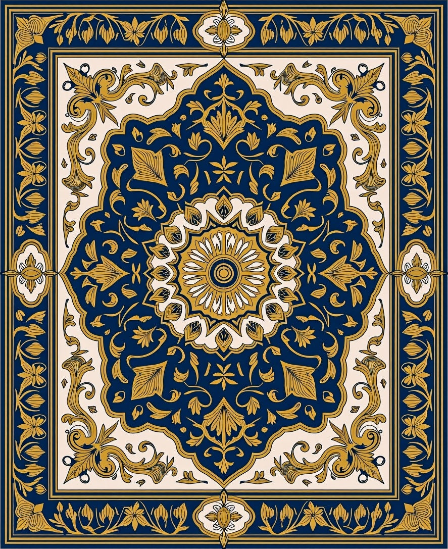 Golden Navy Floral Medallion Design Rug
