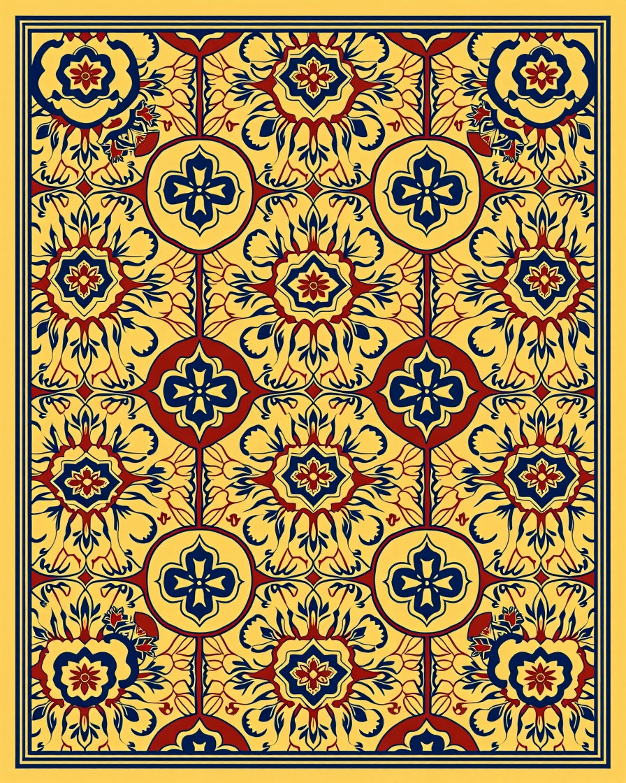 Ornate Floral Medallion Yellow Red Blue Rug