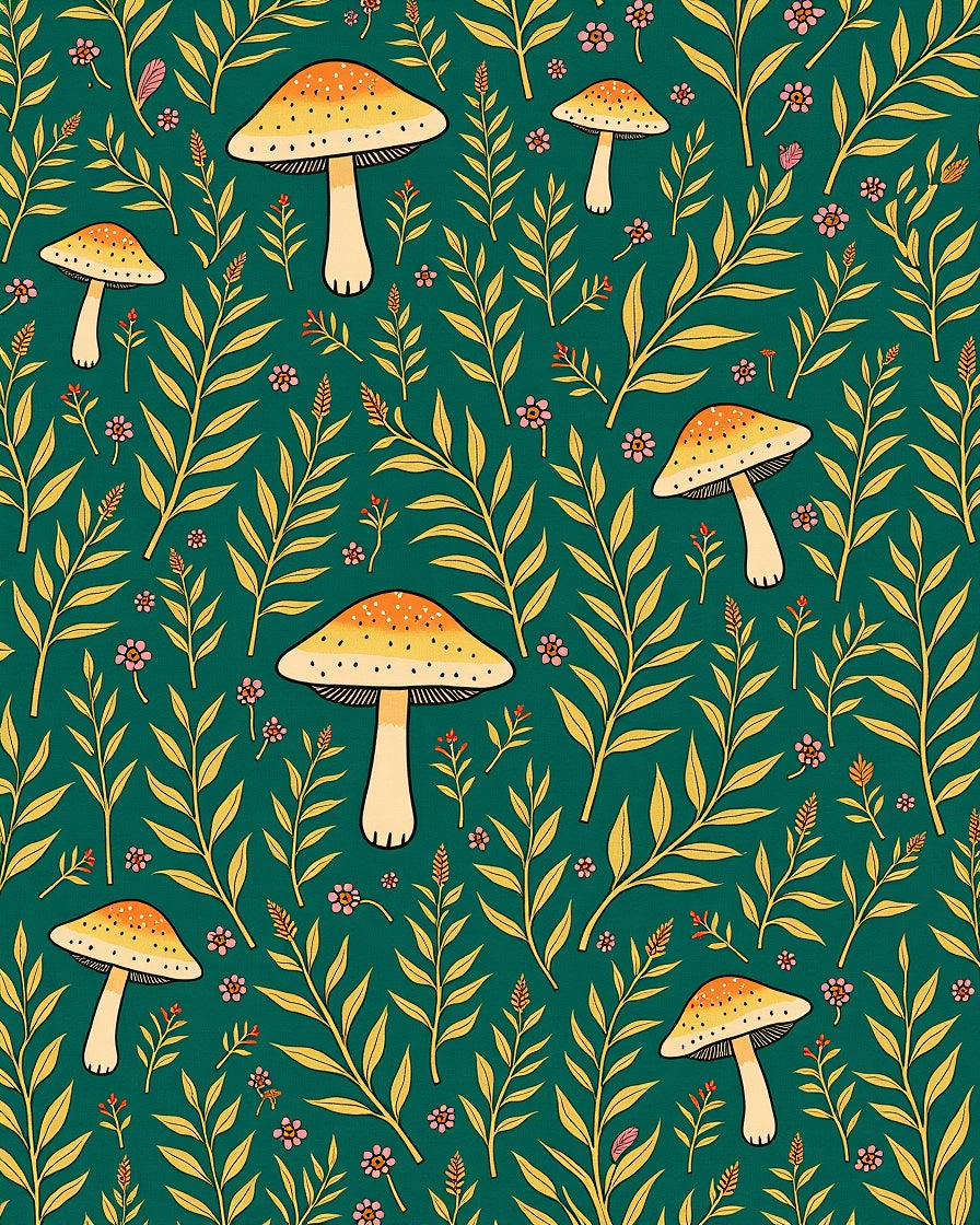 Golden Mushroom Forest Whimsical Rug