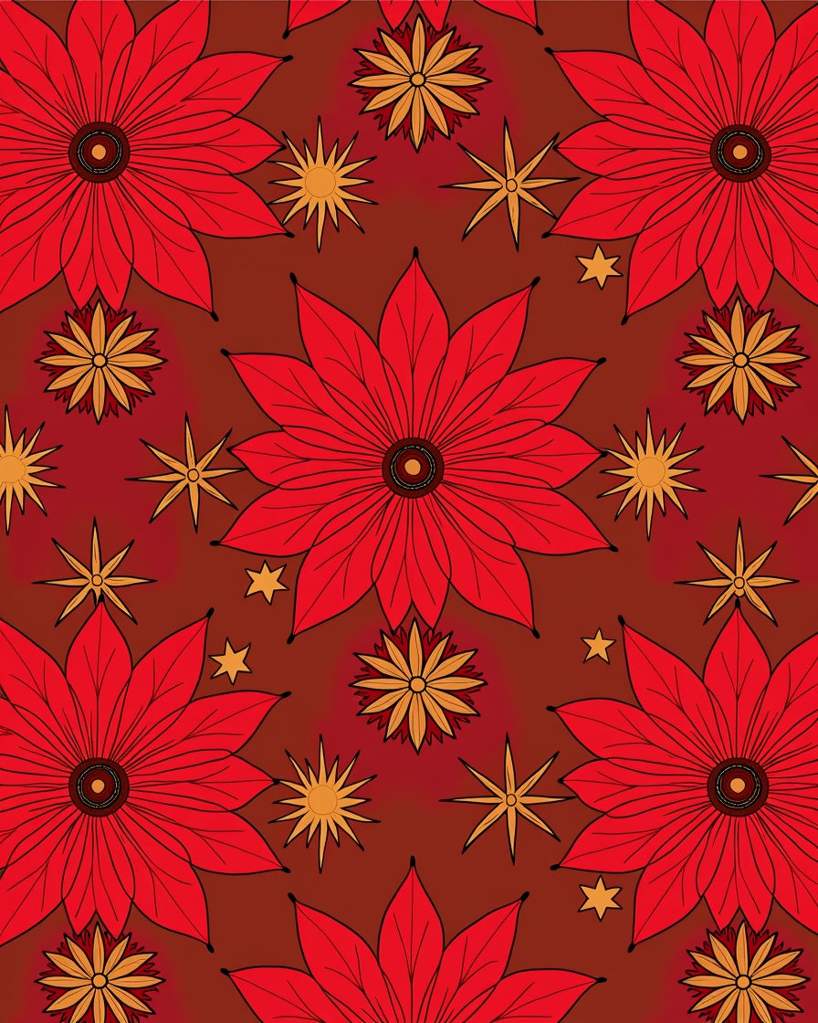 Red Floral Retro Starburst Pattern Rug