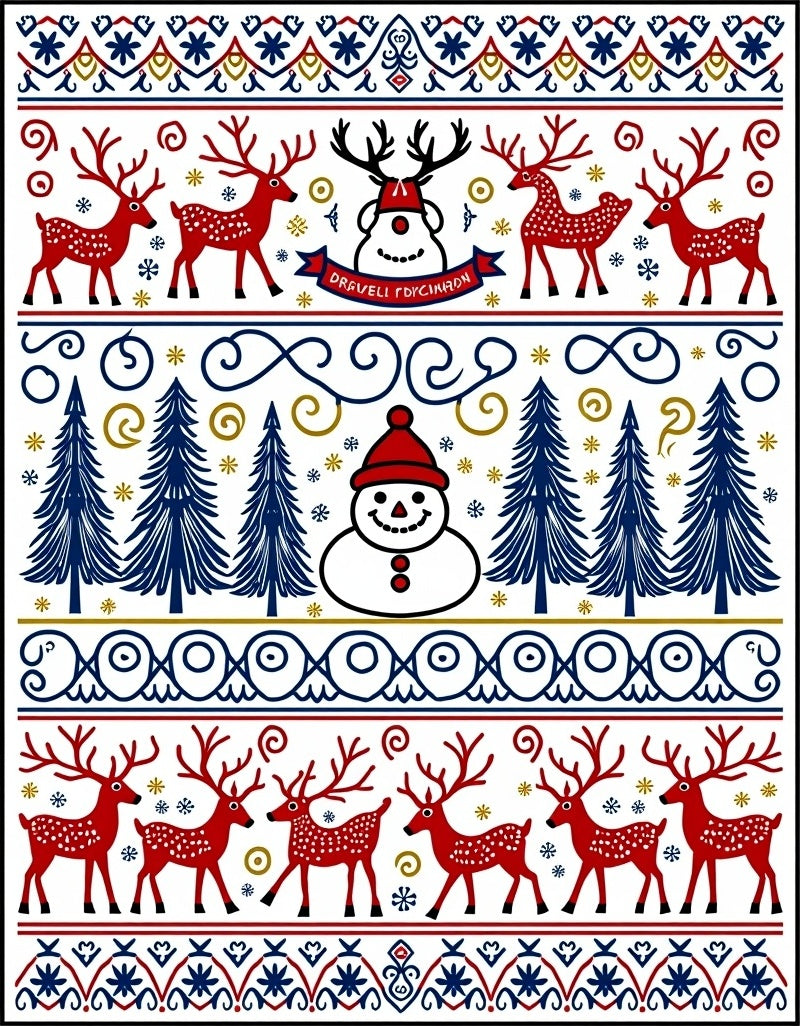 Red Snowman Deer Forest Borders Rug