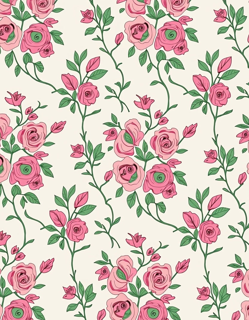 Charming Pink Rose Vine Pattern Rug