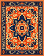 Bold Orange Navy Floral Medallion Pattern Rug