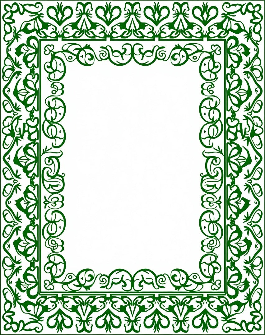 Ornate Green Leaf Scroll Border Rug