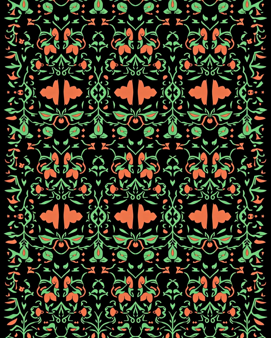 Coral Green Floral Arabesque Repeat Rug
