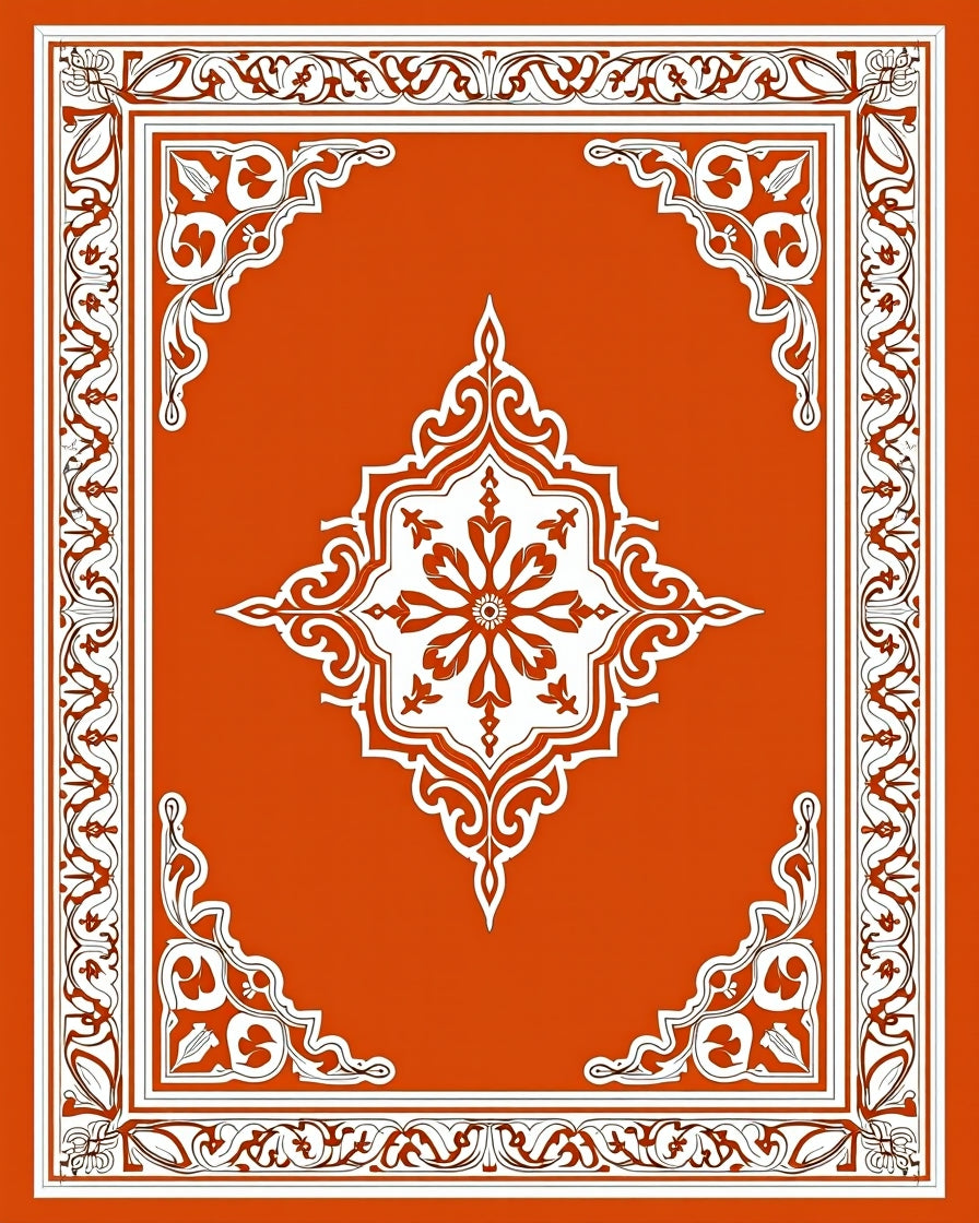 Orange White Intricate Medallion Border Design Rug