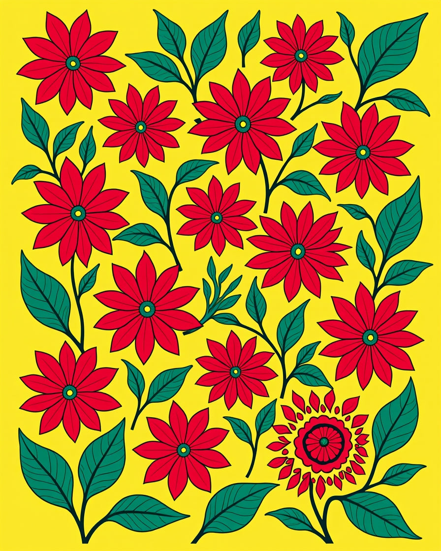Bright Red Floral Vines Pattern Rug